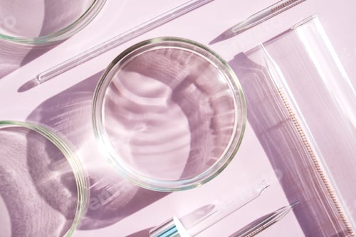 Preview: serum in petri dishes on light pink background cosmetic research concept