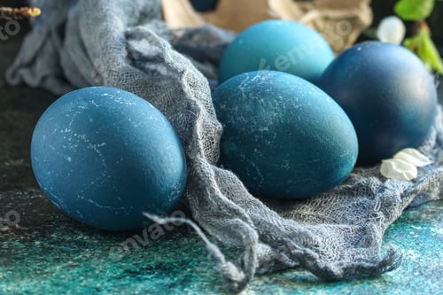 Preview: Easter Eggs Season Trend Painted Blue Colour, Easter Treat Festive Table Rustic Meal Top View Copy
