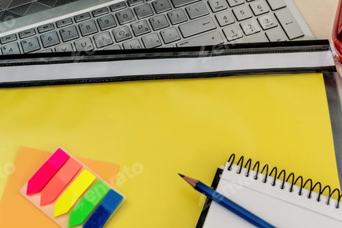 Preview: Office desk table with a lot of things on it