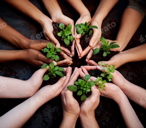 Preview: Cropped shot of a group of people holding plants growing out of soil