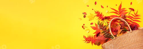Preview: Autumn composition. Straw bag with autumn dried leaves on yellow background. Flat lay. Top view