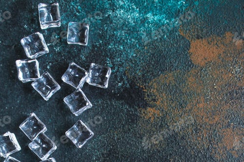 Preview: Artificial Ice Cubes Transparent Square Acrylic Pieces Food Background Top View Copy Space For Text