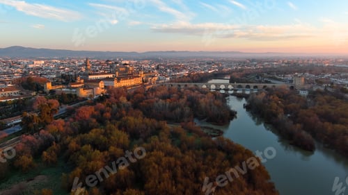 Preview: Aerial View of the Mosque Cathedral of Cordoba, Roman bridge, Andalusia, Spain