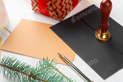 Preview: Letter to Santa Claus with sealing wax stamp on wooden table