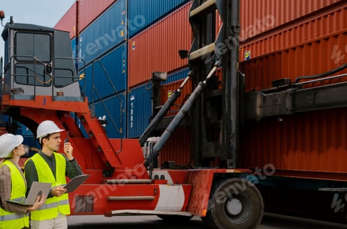 Preview: Container operator explaining operations to the data department. Import, Export, Logistic, Transport