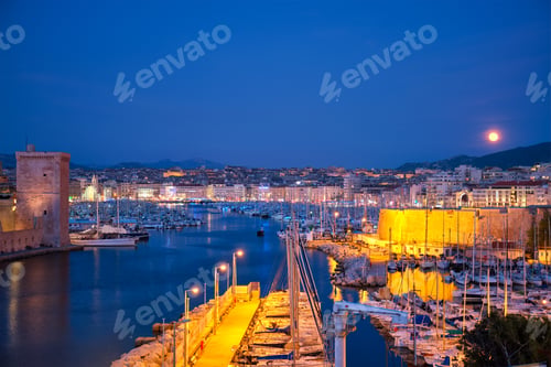 Preview: Marseille Old Port and Fort Saint-Jean in night. Marseille, France