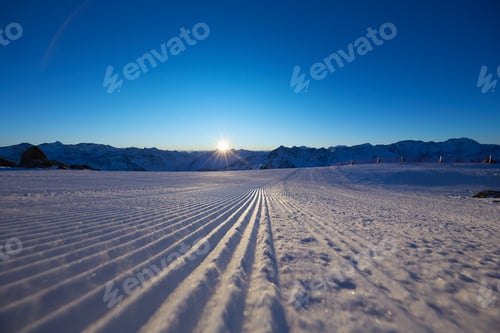 Preview: Snow covered field and sunset over mountains, Gaislachkogel, Soelden, Tyrol, Austria