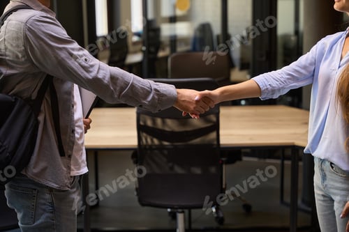 Preview: Side view of cropped businesswoman and businessman handshaking in office