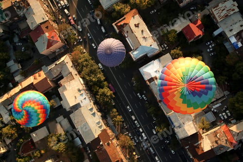 Preview: Top view of the hot air balloons over the old buildings of a city