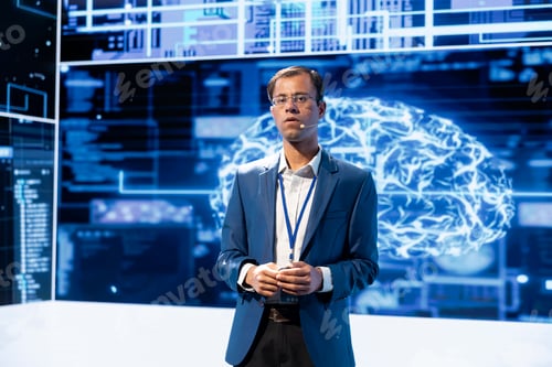 Preview: IT specialist exploring latest artificial intelligence solutions on stage at event
