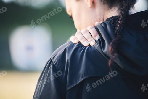Preview: Back, fitness and woman with shoulder pain, tired and burnout after training, workout and exercise.