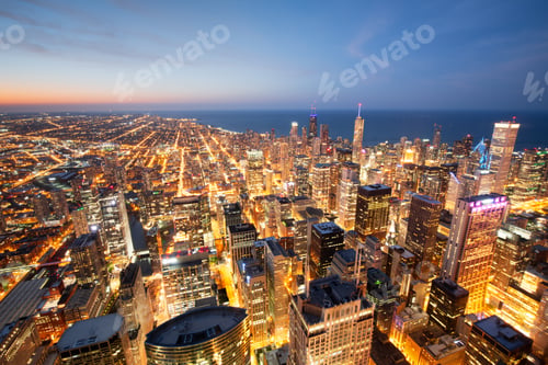 Preview: Chicago, Illinois USA Aerial View at Dusk