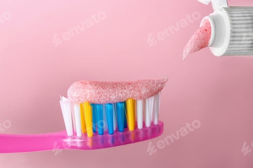Preview: Applying paste on toothbrush against color background, closeup