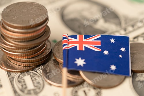Preview: Stack of coins with Australia flag on white background.