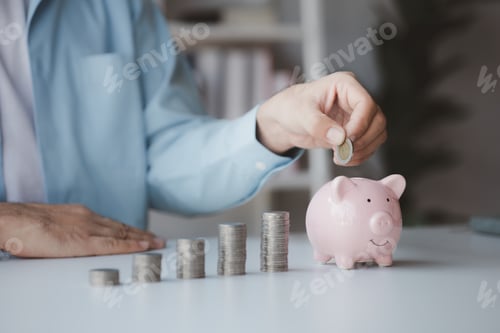 Preview: Person with pile of coins and piggy bank, money saving concept for future use and financial stabilit