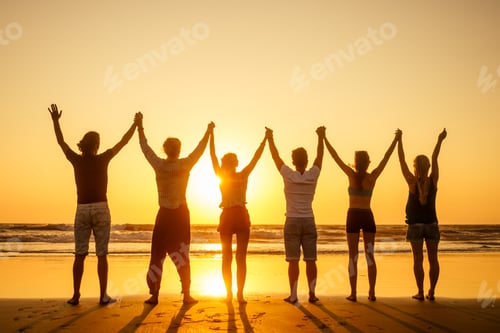Preview: six health people in stand hatha position with hand up raced