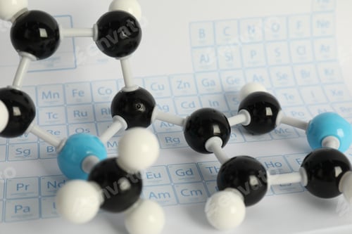 Preview: Chemical model of molecule on periodic table, closeup