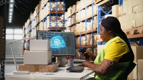 Preview: African american female scanning shipping labels with AI brain neural networks