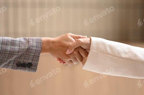 Preview: Close up business people after meeting in office. Business etiquette, teamwork and trust