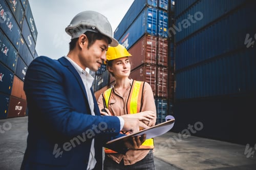 Preview: logistic worker teamwork and partner of foreman, engineer, and businessman working on container yard