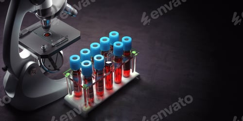 Preview: Blood test samples tubes and microscope on black background. Healthcare, medical laboratory concept.