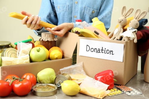 Preview: Donation concept with girl and different food