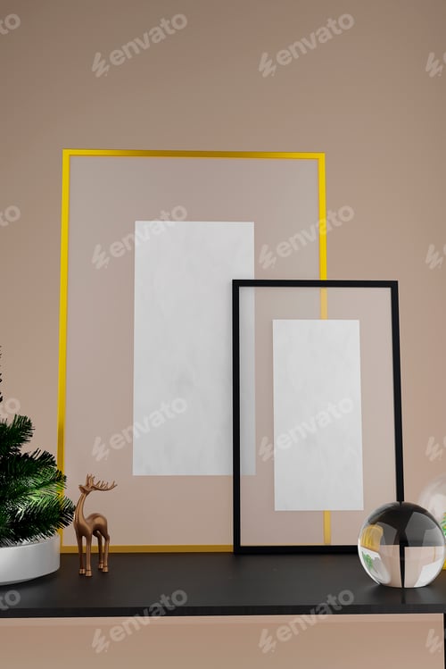 Preview: Frame mockup with Christmas tree and deer. 3d render