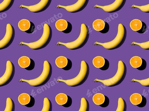 Preview: pattern with fresh ripe bananas and sliced oranges on purple