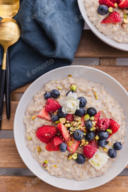 Preview: Overhead View of Oatmeal with Berries and Pistachios