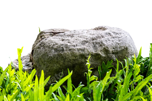 Preview: Natural grey garden stone with vibrant green fern leaves on a isolated background.