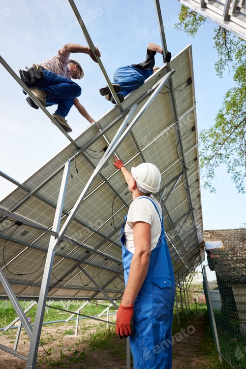 Preview: Stand-alone exterior solar panel system installation, renewable green energy generation concept.