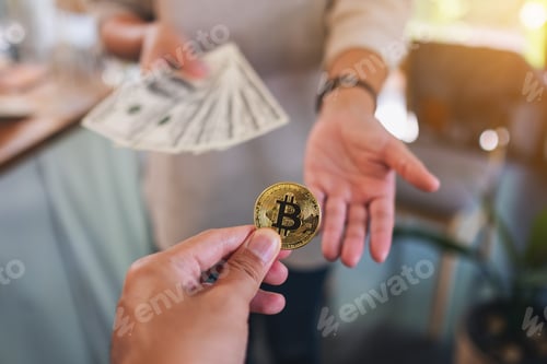 Preview: Closeup image of people holding and exchange or convert bitcoins to dollars banknotes