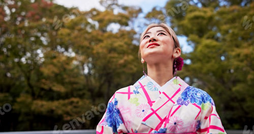 Preview: Asian woman, dream and sightseeing with fashion in kimono for travel, ambition or journey in nature