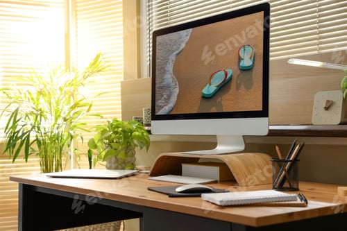 Preview: Comfortable workplace near window in room. Interior design