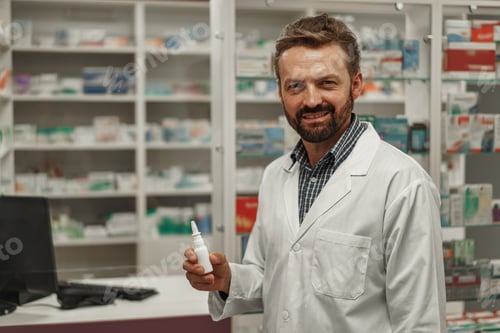 Preview: Male pharmacist in white coat holding nose spray while working at a pharmacy