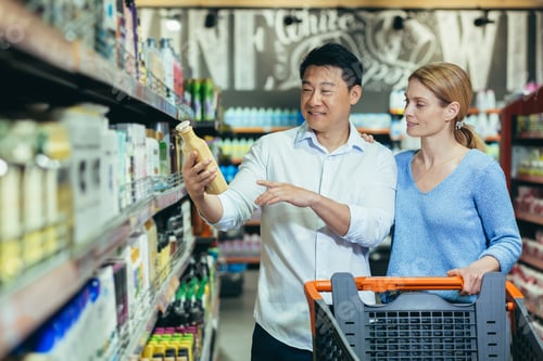 Preview: Happy shoppers Asian man and woman buy and choose goods in supermarket, family shopping.