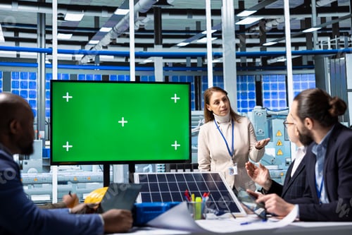 Preview: Factory employees looking at mockup monitor, researching clean energy solutions