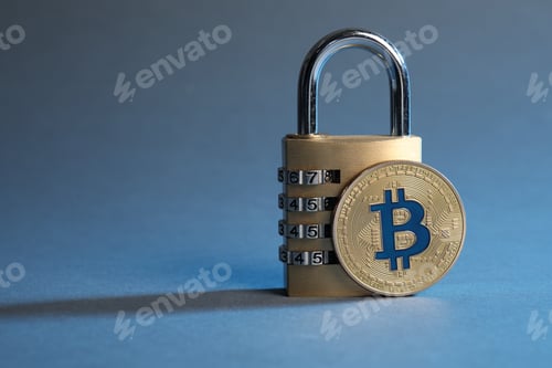 Preview: Bitcoin and padlock on color background, closeup. Space for text