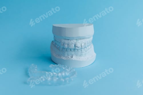Preview: Plaster human jaw model and essix retainer for dental correction