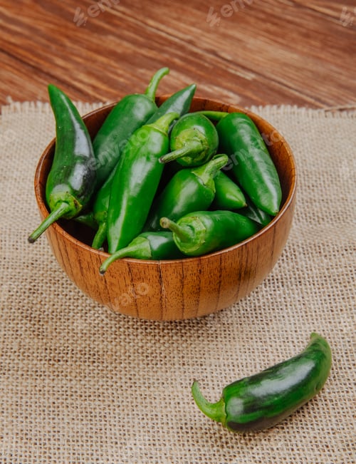 Preview: side view of fresh green chili peppers in a wooden bowl on sackcloth on rustic background