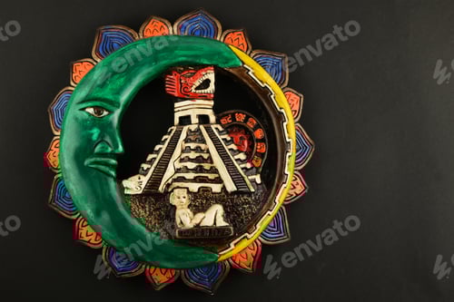 Preview: Mexican Mayan Chichen Itza ceramic painted plate isolated on black