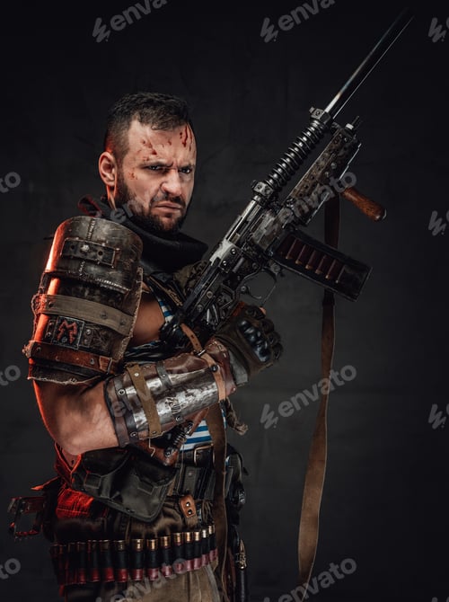 Preview: Angry and serious male survivor with shotgun in dark background