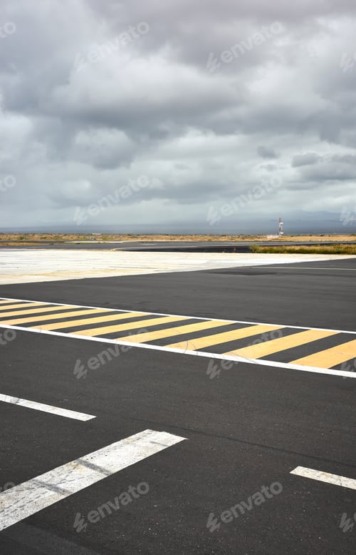 Preview: Photo of the runway on Baltra Island, selective focus, Galapagos Islands, Ecuador.