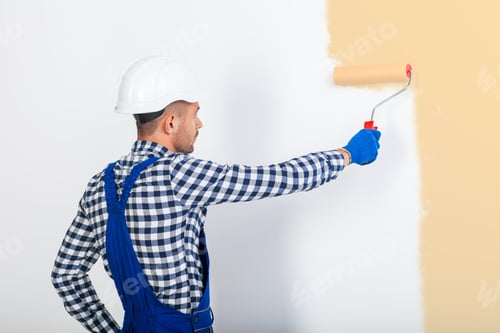 Preview: Rear view of painter man painting the wall
