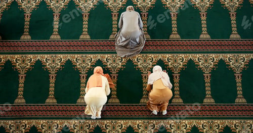 Preview: Above, Islam and women in Mosque for religion, faith and spiritual reverence for prayer. Muslim peo
