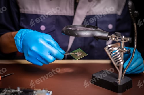 Preview: The engineer repairs the laptop (pc, computer) and the motherboard
