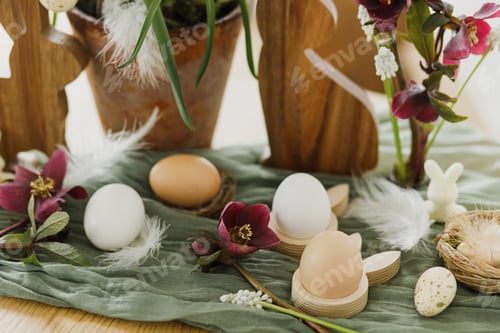 Preview: Easter still life. Stylish wooden bunny ears and natural eggs, spring flowers