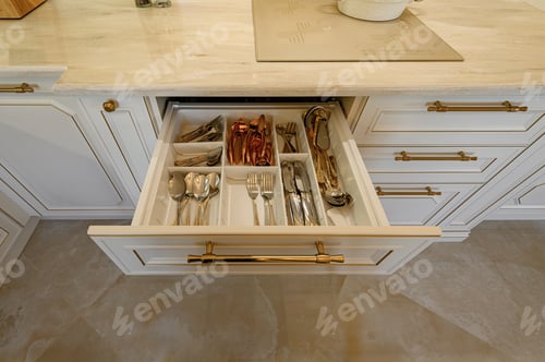 Preview: Elegant Kitchen Drawer Organized with Silverware Utensils