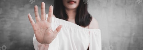 Preview: Closeup portrait young annoyed angry woman with bad attitude giving talk to hand gesture.