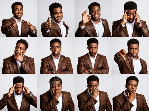 Preview: Young Man in Brown Jacket Showing Various Expressions